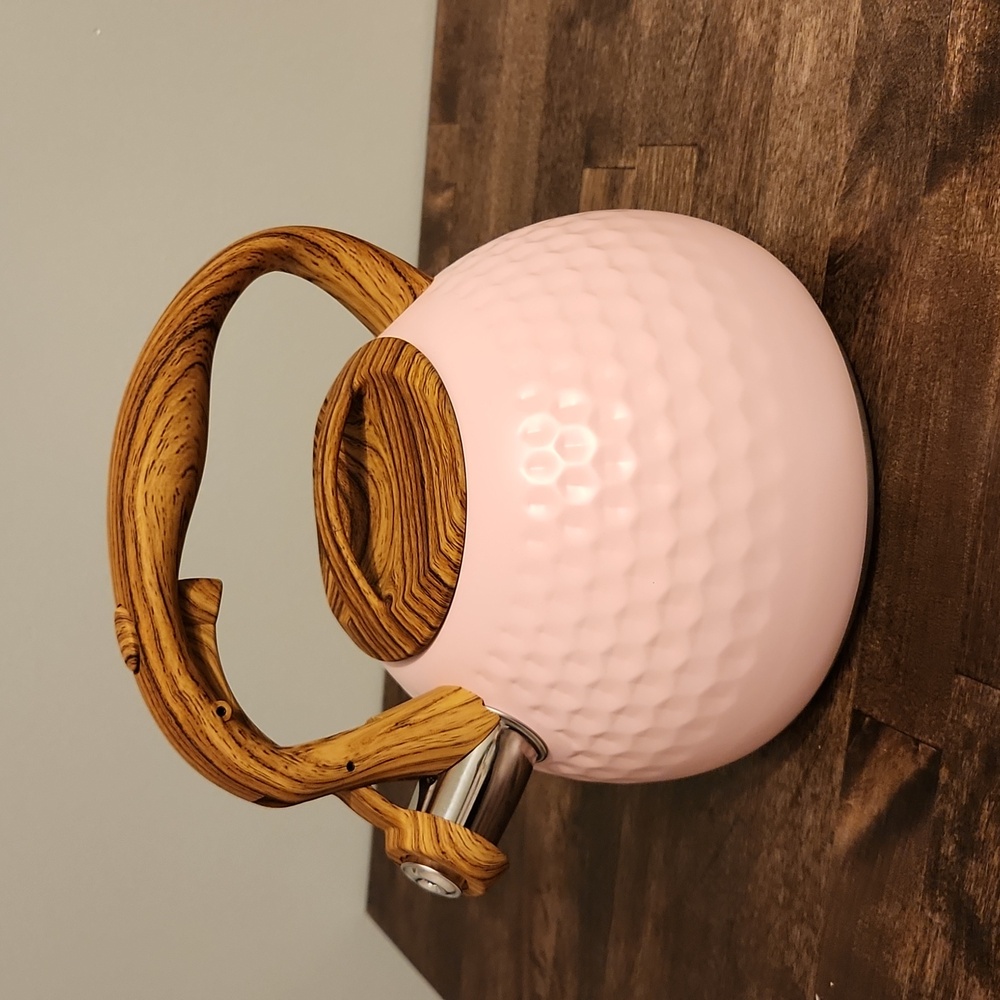 Stainless steel pink teapot kettle with faux wood handle
